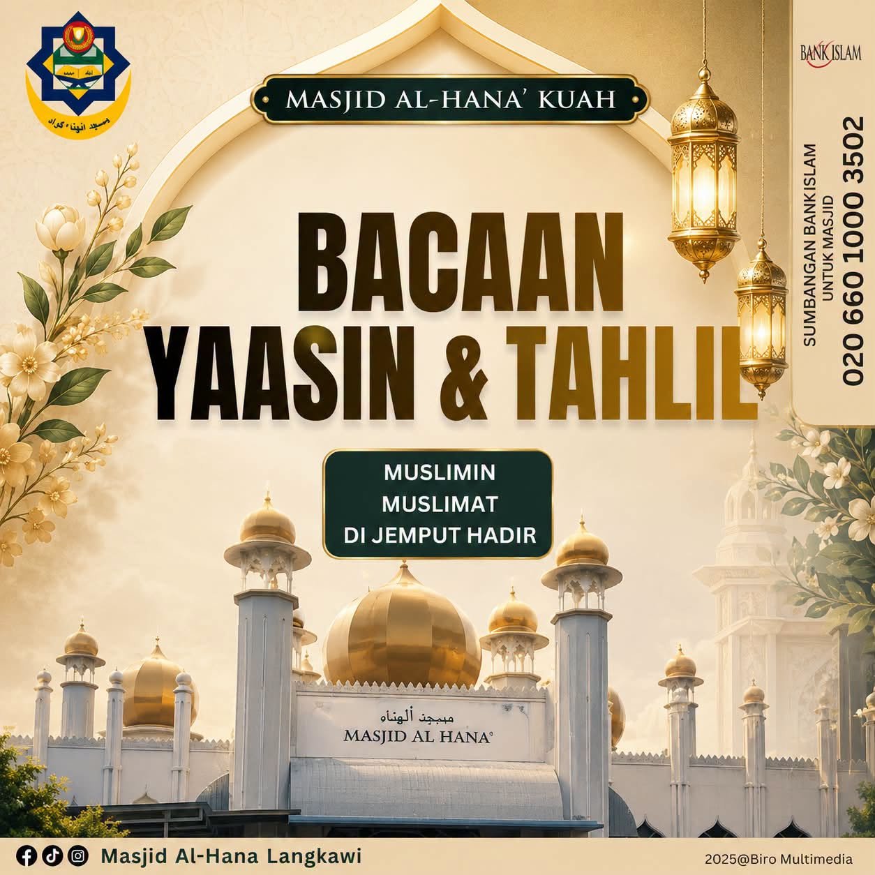 Poster Bacaan Yaasin & Tahlil, Masjid Al-Hana' Kuah